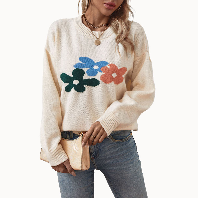 Naiset kukka jacquard pullover neulottu villapaita
